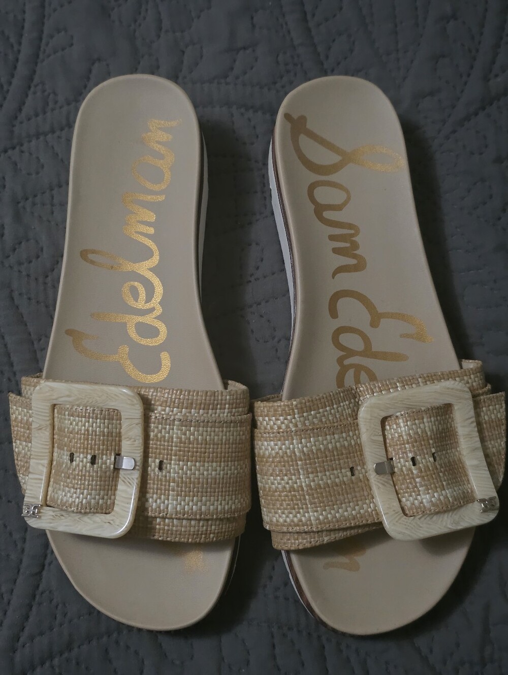 Sam Edelman Tan Woven Buckle Slide Sandals